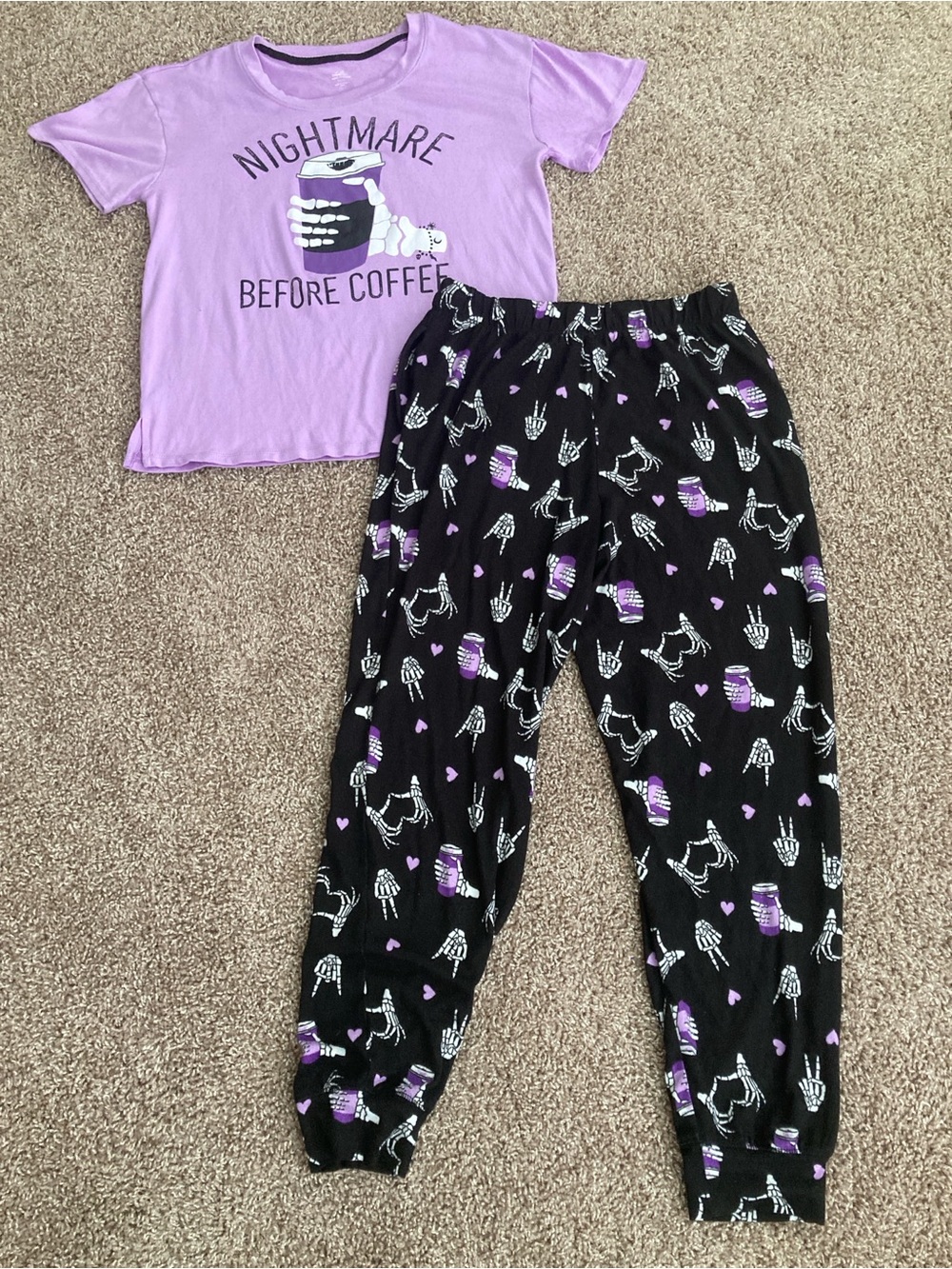 Women's Purple & Black “Nightmare Before Coffee” Graphic Pajama Set, sz. S